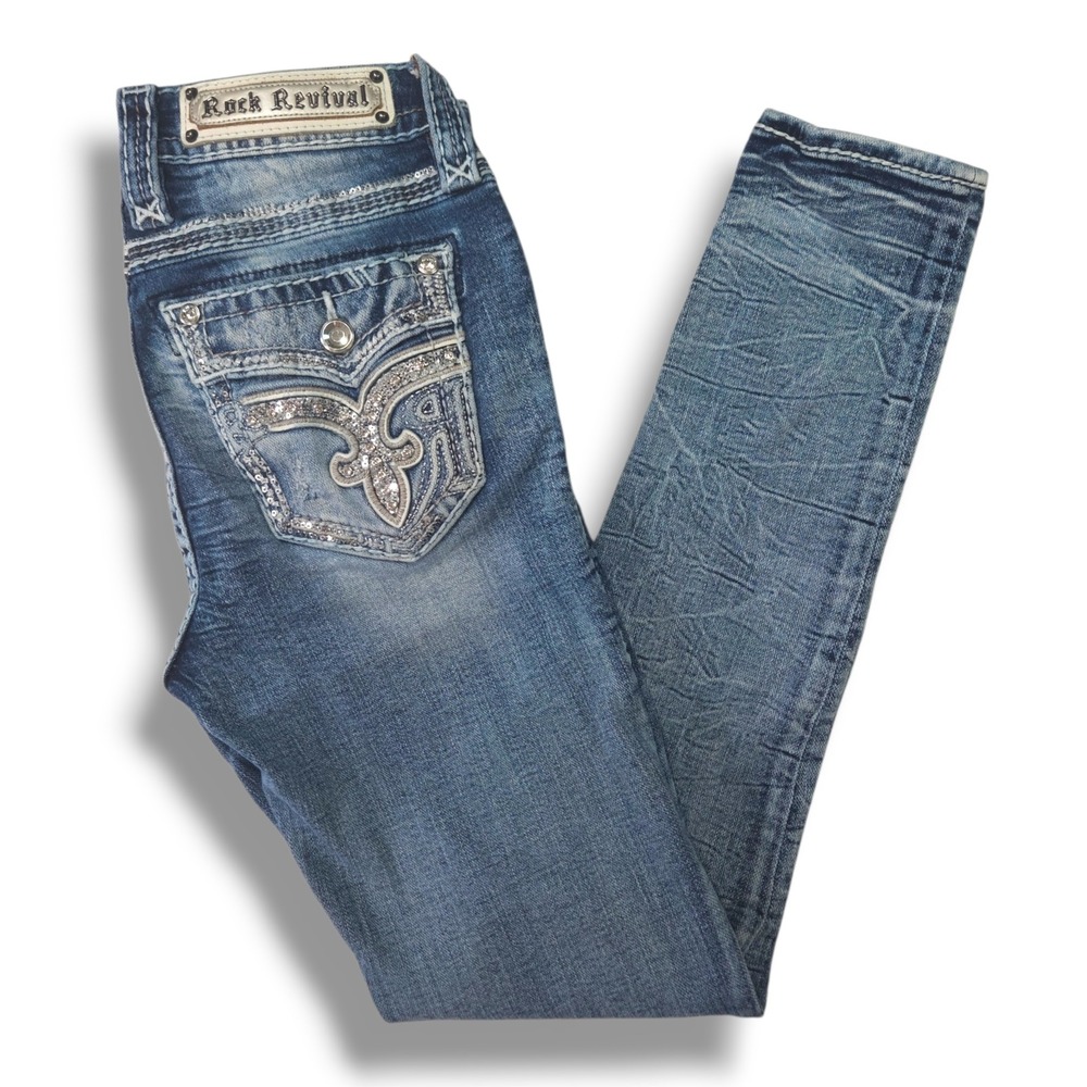 Rock Revival Beet Red Mid Rise Skinny Rhinestone Fleur De Lis Blue Jeans 25
